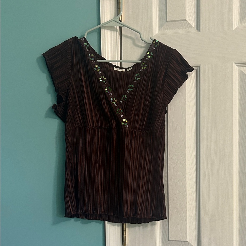 Cato Dark Brown Pleated Blouse with Sequin Accents